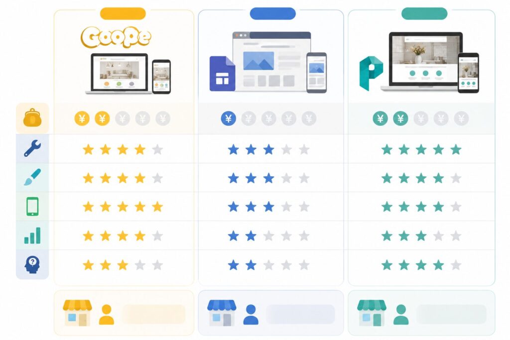 グーペ・Googleサイト・ペライチの違い|小規模店舗はどれを選ぶべき?