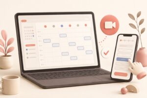 パソコンとスマートフォンでオンライン予約日時を選ぶイメージ